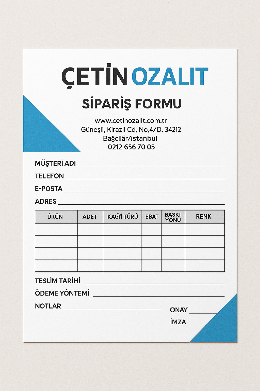 Sipariş Formu - Profesyonel tabela üretimi İstanbul